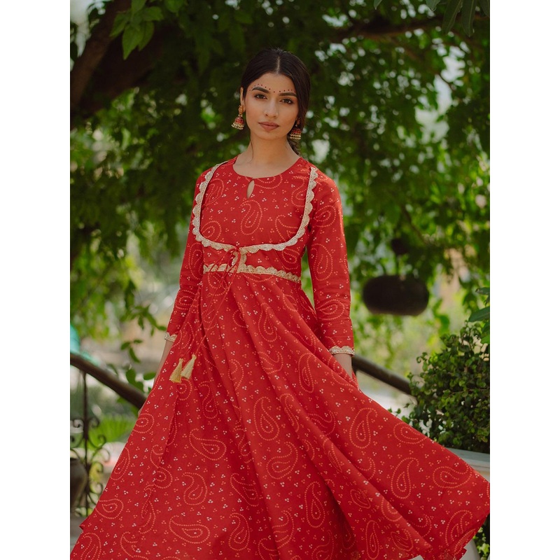 anayna Women Maroon & Beige Bandhani Printed Kurta with Salwar