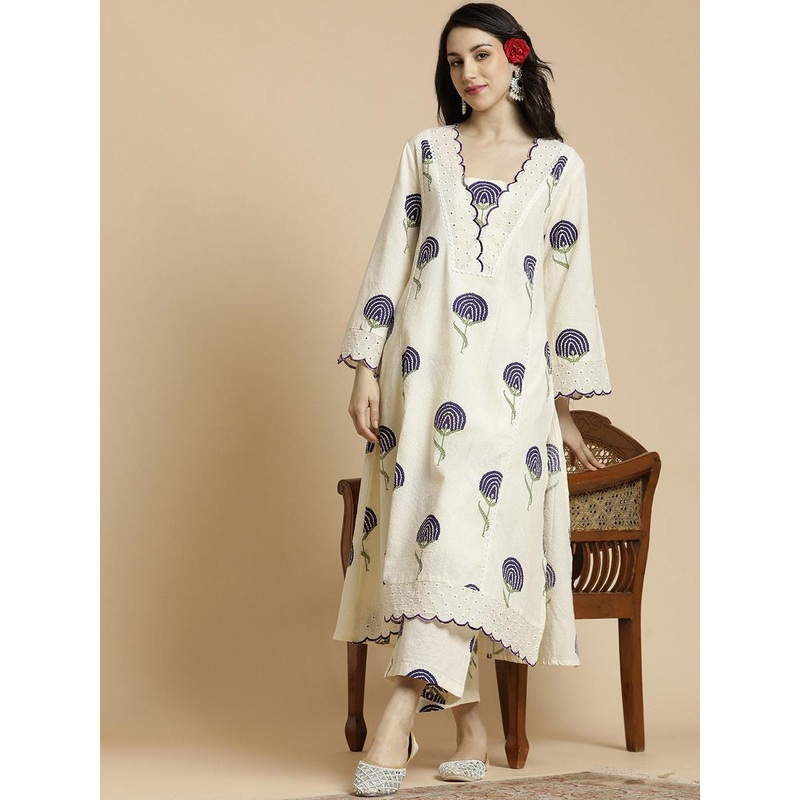 Anouk Floral Printed Bell Sleeves Thread Work Pure Cotton A-Line Kurta With Palazzos