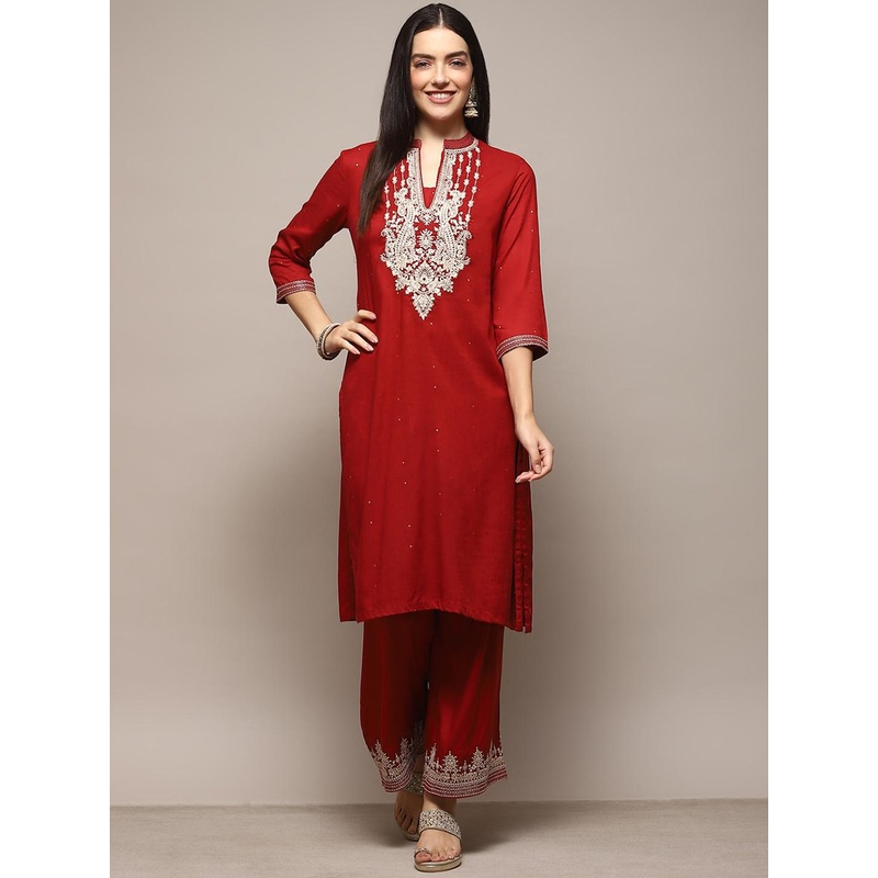 Biba Ethnic Motifs Yoke Design Straight Kurta With Palazzos