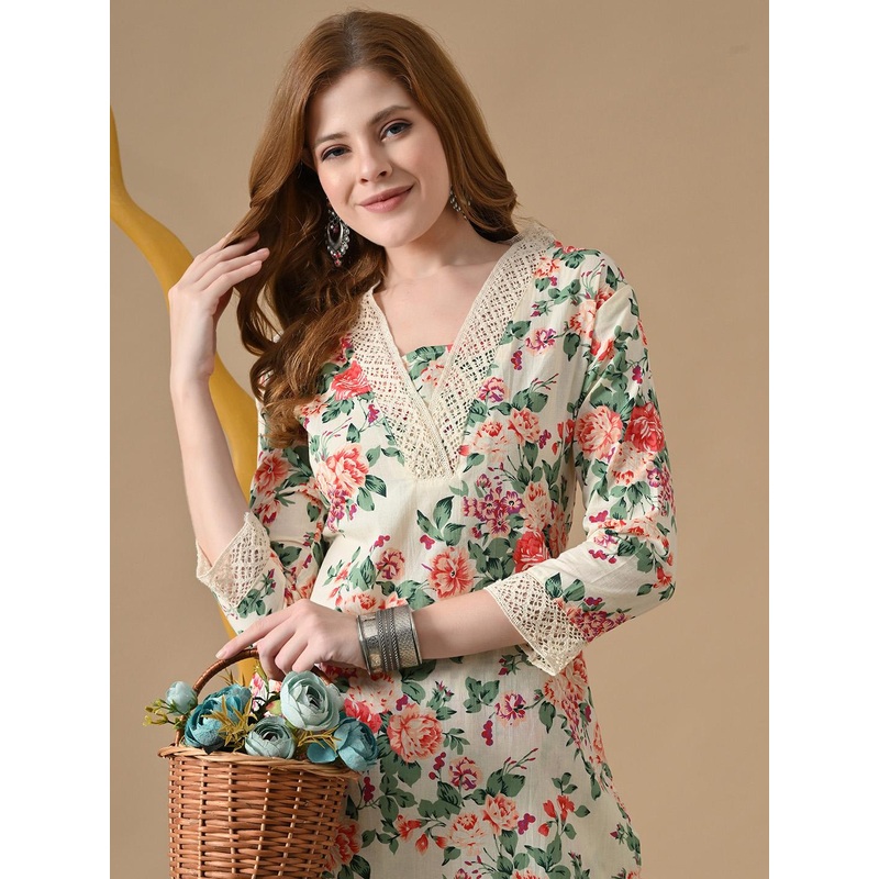 BKApparels Women Floral Printed Thread Work Pure Cotton Kurta with Pyjamas