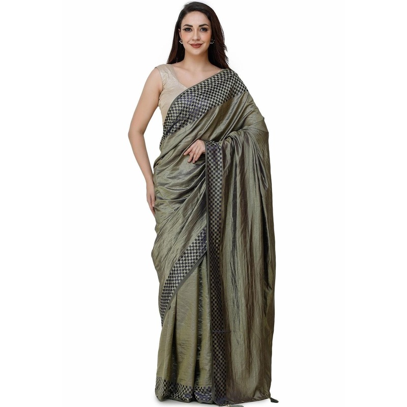 CLAFOUTIS Zari Checkered Border Block Print Saree With Unstitched Blouse Piece