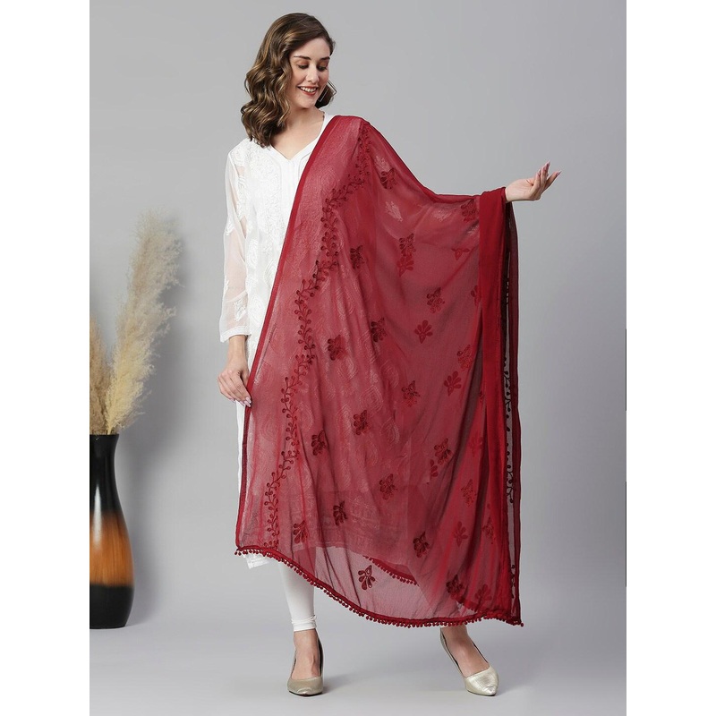 Dupatta Bazaar Embroidered Chiffon Dupatta With Pom Pom Lace