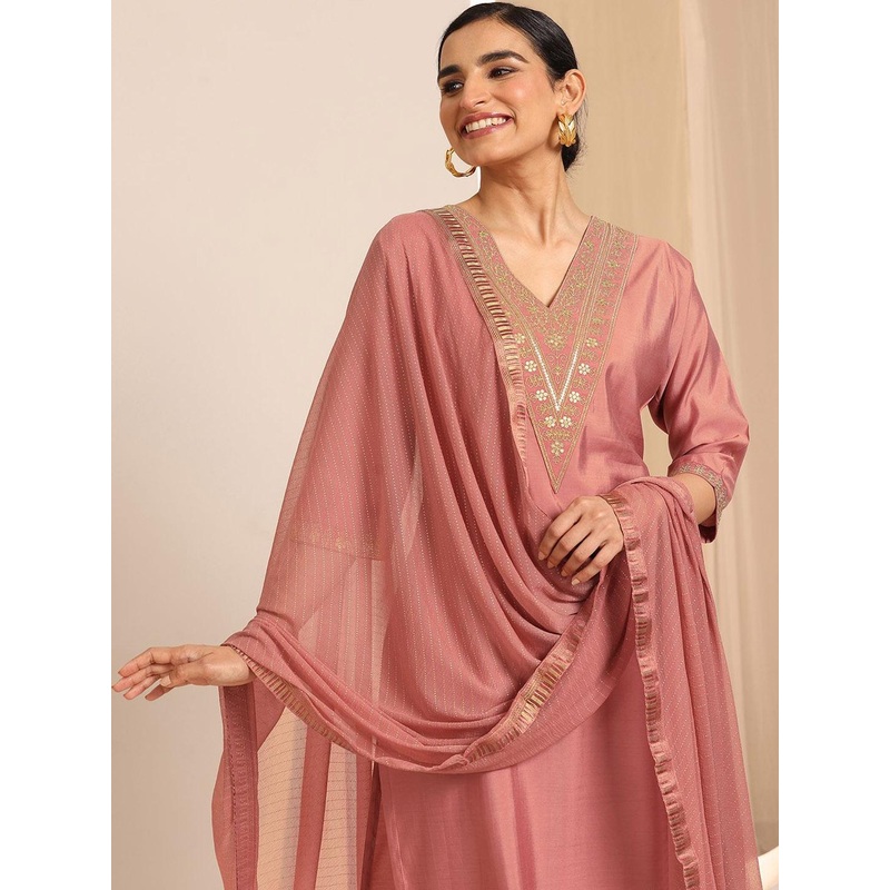 Gerua By Libas Floral Yoke Design Sequnnied Straight Kurta With Trousers & Dupatta