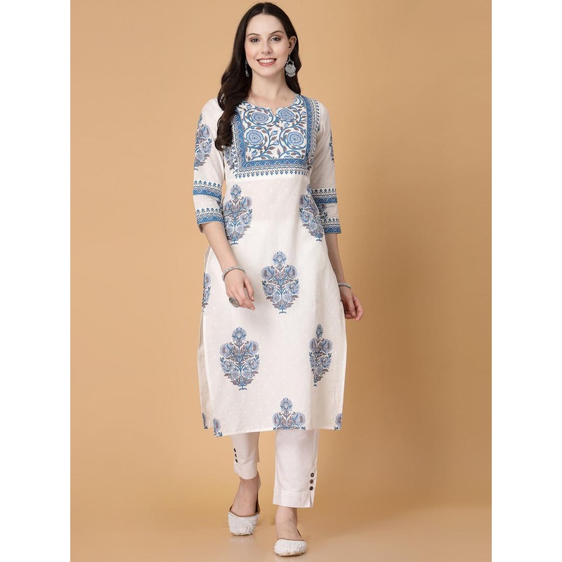 God Bless Floral Printed Notch Neck Pure Cotton Straight Kurta