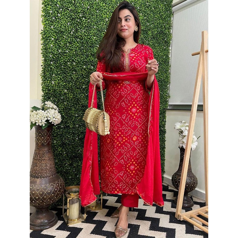 GoSriKi Bandhani Printed Round Neck Straight Kurta With Trousers & Dupatta