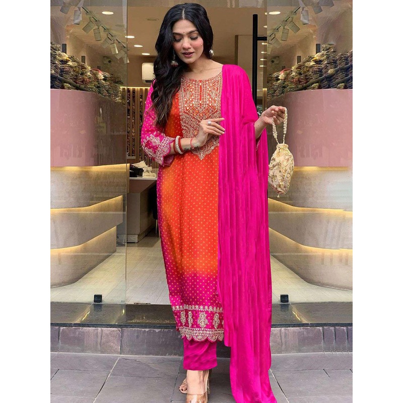 GoSriKi Bandhani Printed Sequinned Round Neck Straight Kurta With Trousers & Dupatta