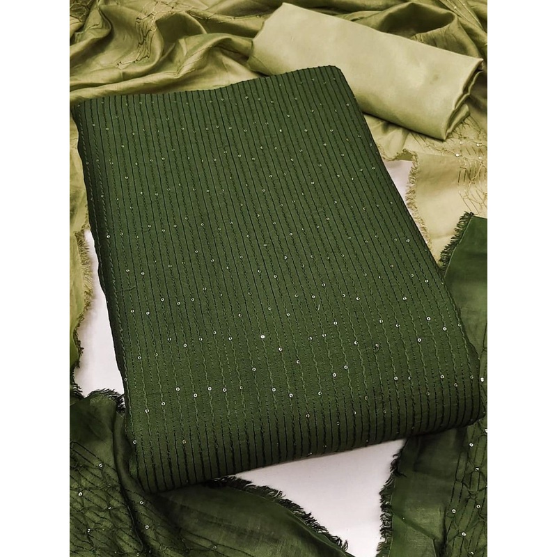 Green Soft Chanderi Sequence Embroidery Work Unstitched Dress Material