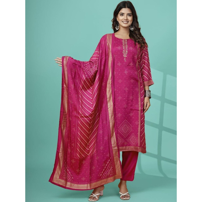 HARIKS Geometric Printed Thread Work Straight Kurta With Trousers & Dupatta