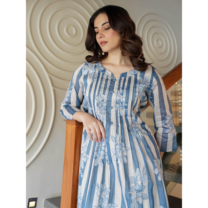 Indo Era Floral Printed Round Neck A-Line Pure Cotton Kurta With Trousers