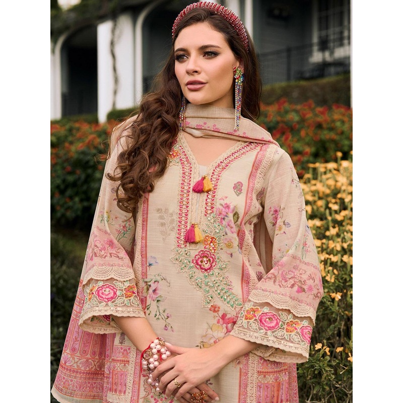 Indo Era Floral Printed V-Neck Sequinned Linen Kurta With Trousers And Dupatta