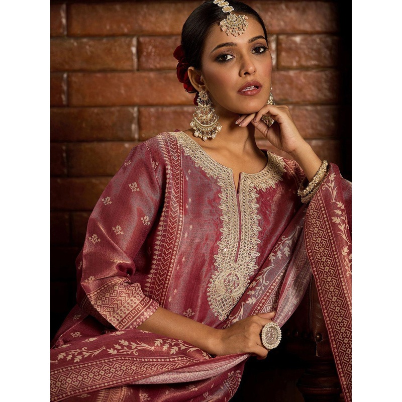 Indo Era Floral Zari Embroidered Straight Kurta with Trouser & Dupatta