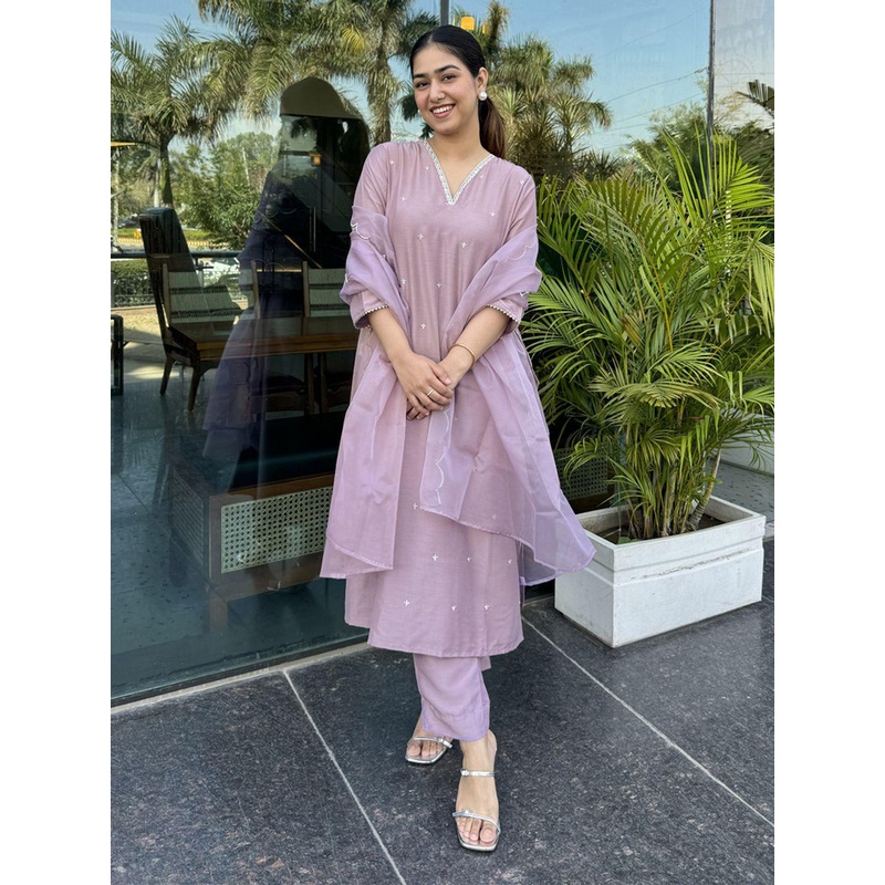 Janasya Women’s Lavender Silk Blend Embellished Kurta with Pant and Dupatta