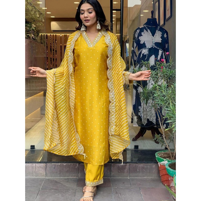 KALINI Bandhani Embroidered Regular Sequinned Kurta With Trouser & Dupatta