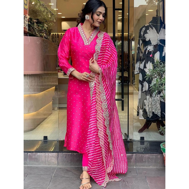 KALINI Bandhani embroidered V Neck Three-Quarter Sleeves Kurta Set