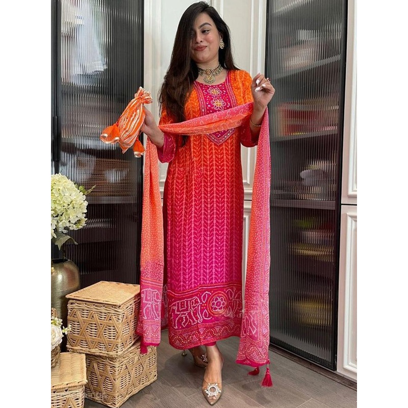 KALINI Ethnic Motifs Printed Round Neck Straight Kurta With Trousers And Dupatta