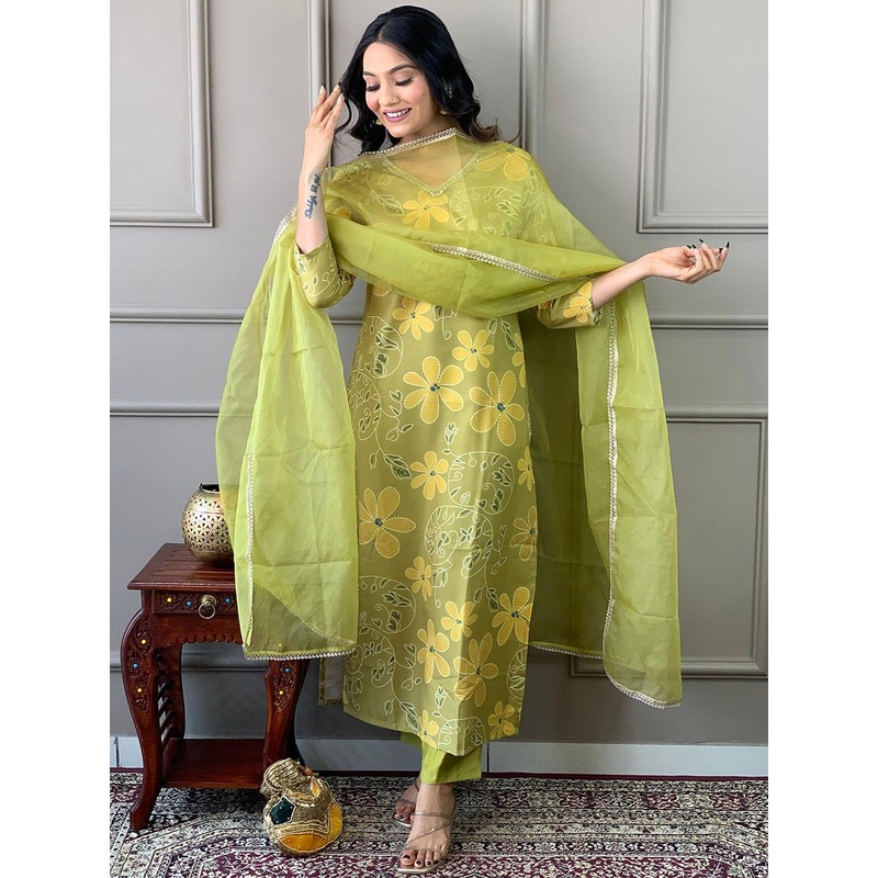 KALINI Floral Embroidered V-Neck Thread Work Straight  Kurta with Trousers & Dupatta