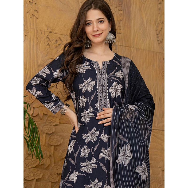 KALINI Floral Printed Gotta Patti Straight Kurta With Trouser & Dupatta