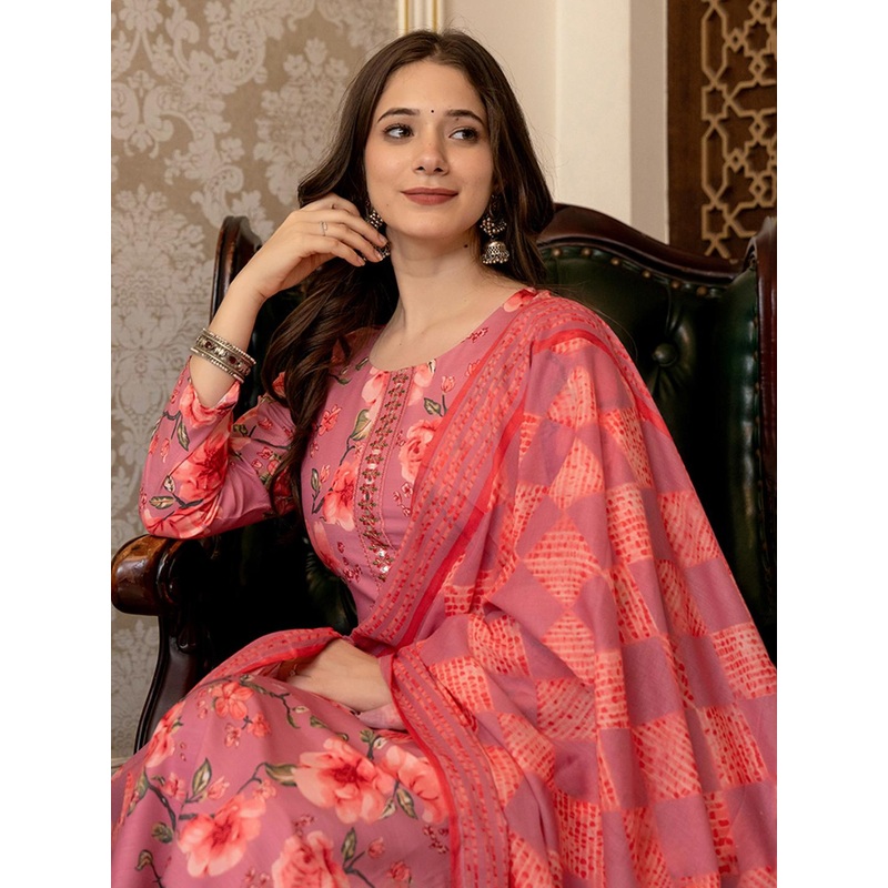 KALINI Floral Printed Mirror Work Straight Kurta With Trousers & Dupatta