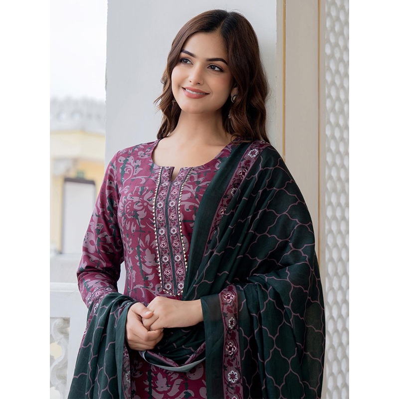 KALINI Floral Printed Notch Neck Straight Kurta With Trousers & Dupatta