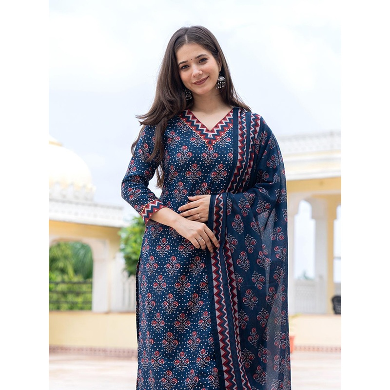KALINI Floral Printed Straight Kurta With Trousers & Dupatta