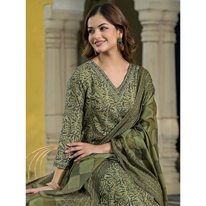 KALINI Floral Printed V-Neck Gotta Patti Straight Kurta With Trousers & Dupatta