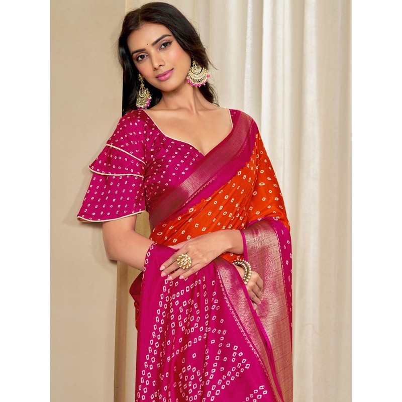 Kalini Women Dola Silk Bandhani Print Zari border Saree