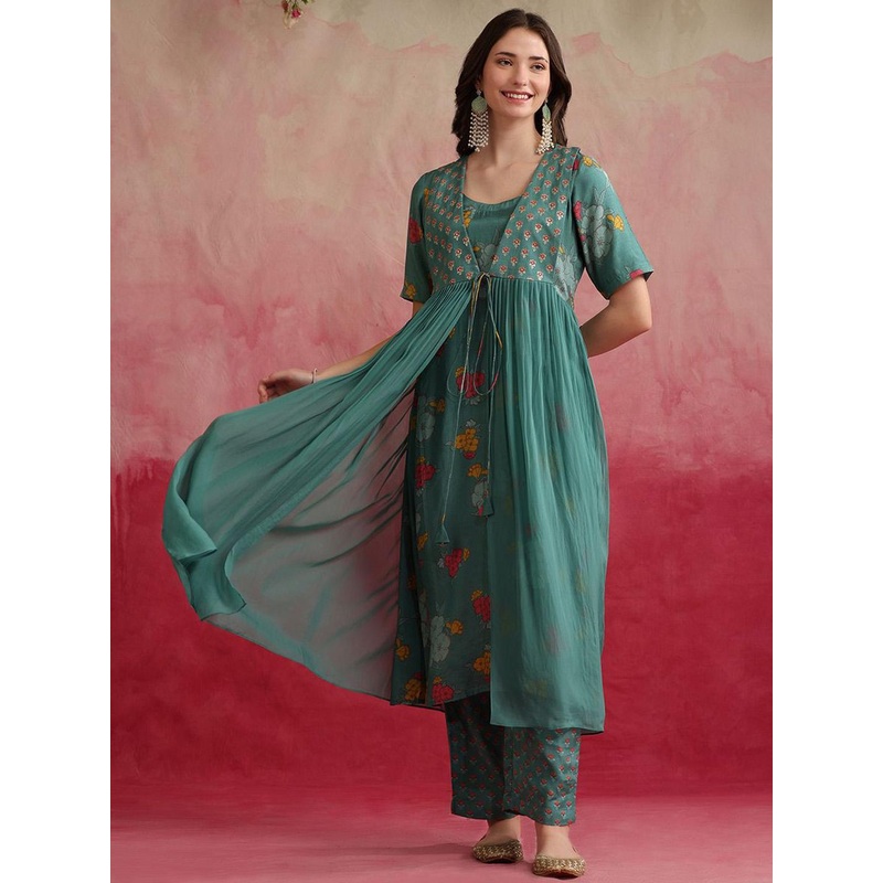 Khushal K Floral Printed Cotton Tunic With Trouser & Jacket Co-Ords