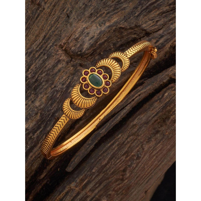 Kushal’s Fashion Jewellery Gold Plated Ruby-Green Stone Studded Ethnic Antique Kada Bangle