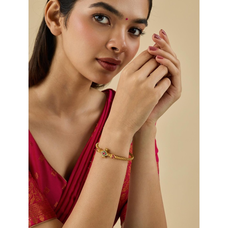 Kushal’s Fashion Jewellery Ruby-Green Gold-Plated Ruby-Studded Antique Bangle