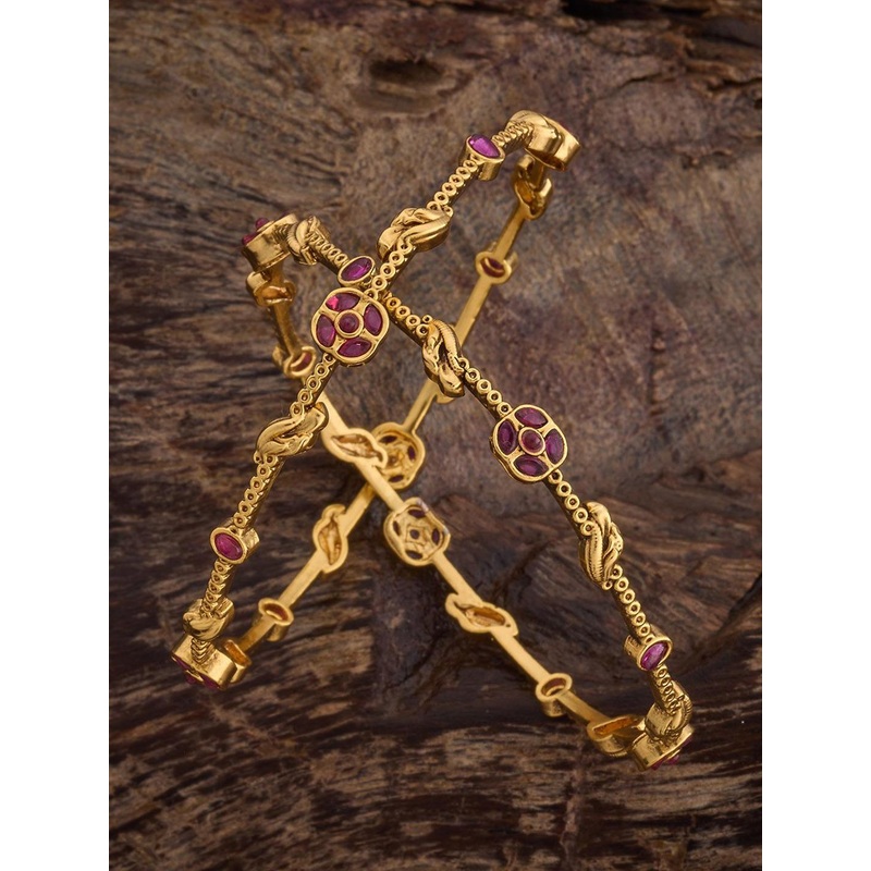 Kushal’s Fashion Jewellery Set Of 2 Gold-Plated Ruby-Studded Bangle