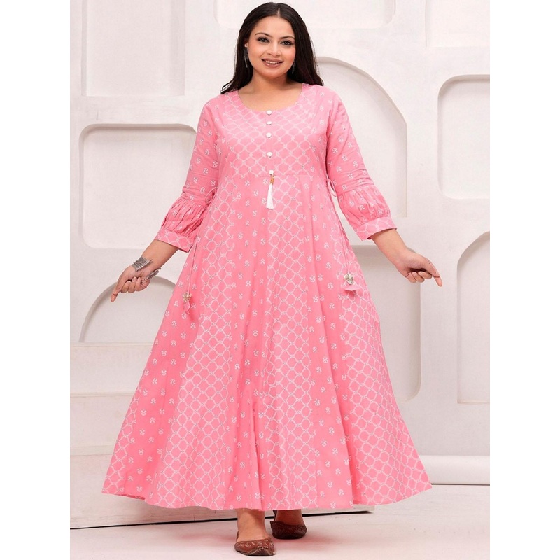 LABULY Plus Size Ethnic Motifs Print Puff Sleeves Pleated Pure Cotton Anarkali Kurta