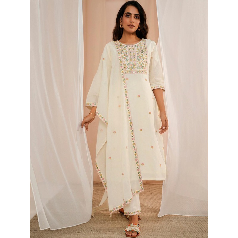 Libas Floral Embroidered Regular Thread Work Pure Cotton Kurta With Trousers & Dupatta