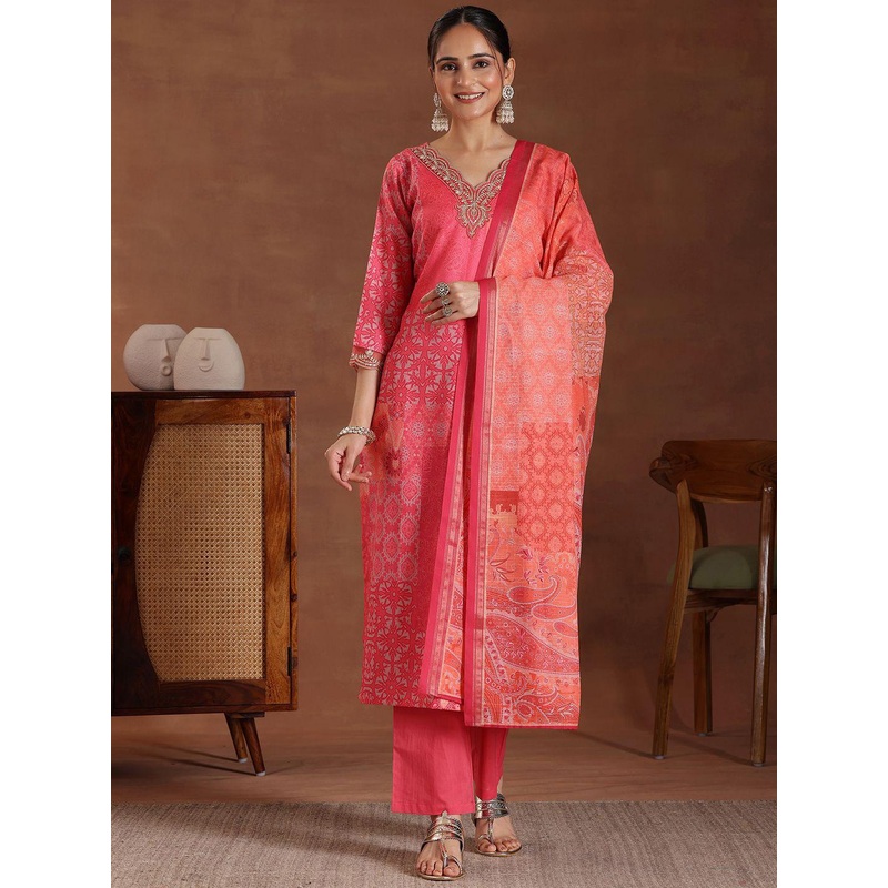 Libas Floral Printed V-Neck Zari Straight Kurta With Trousers And Dupatta
