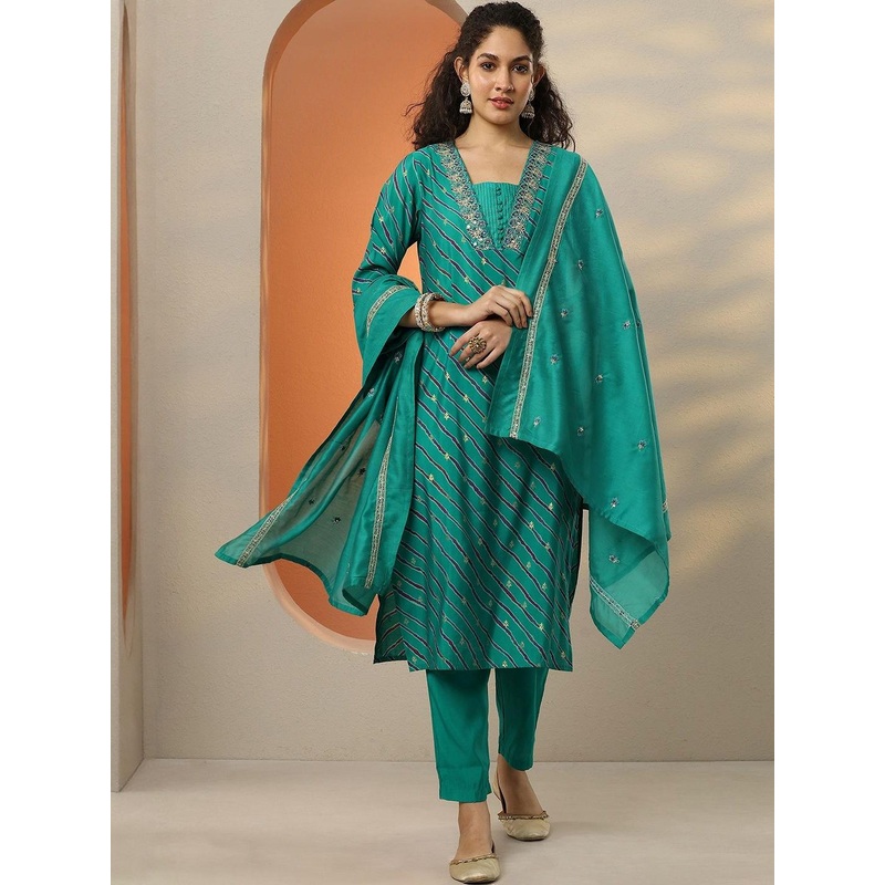 Libas Leheriya Printed Mirror Work Straight Kurta With Trousers & Dupatta