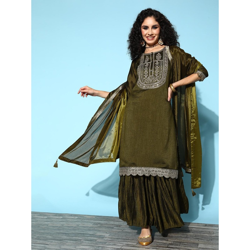Libas Womens Olive Yoke Design Straight Kurta With Sharara & Dupatta
