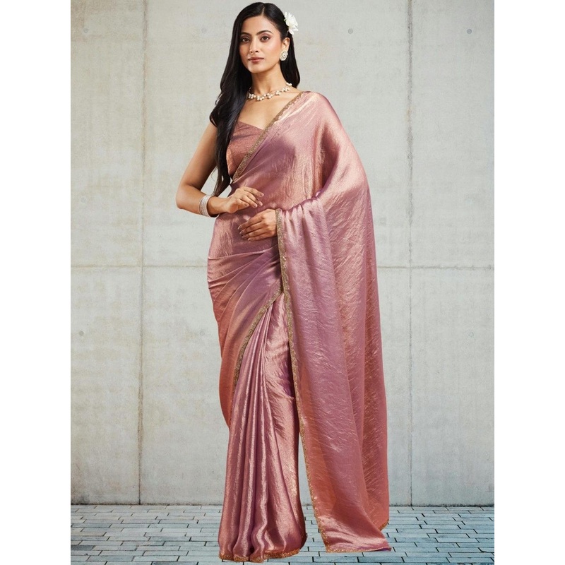 LOROFY Embellished Beads And Stones Border Khandua Silk Chanderi Saree