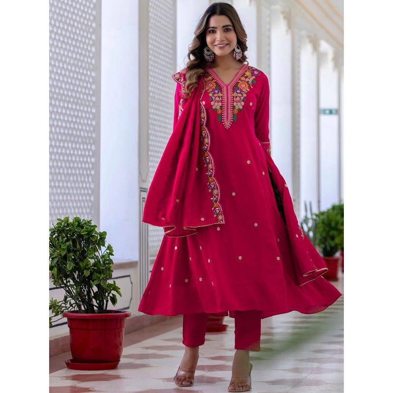 Navlik Women Floral Embroidered Regular Thread Work Kurta with Trousers & With Dupatta