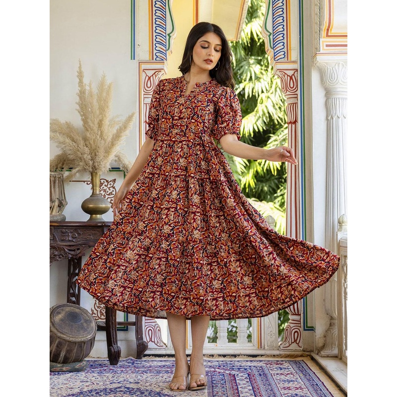 PRESHA Floral Printed Cotton Block Print Anarkali Kurta