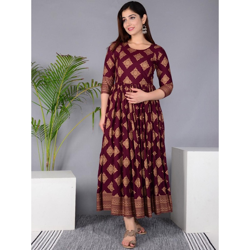 Pristyle Ethnic Motifs Printed Pleated Round Neck Maternity Anarkali Kurta