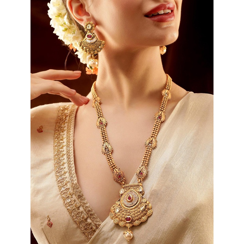 Rubans 22K Gold-Plated Ruby Kundan Studded Temple Necklace Set with Pearl Drops