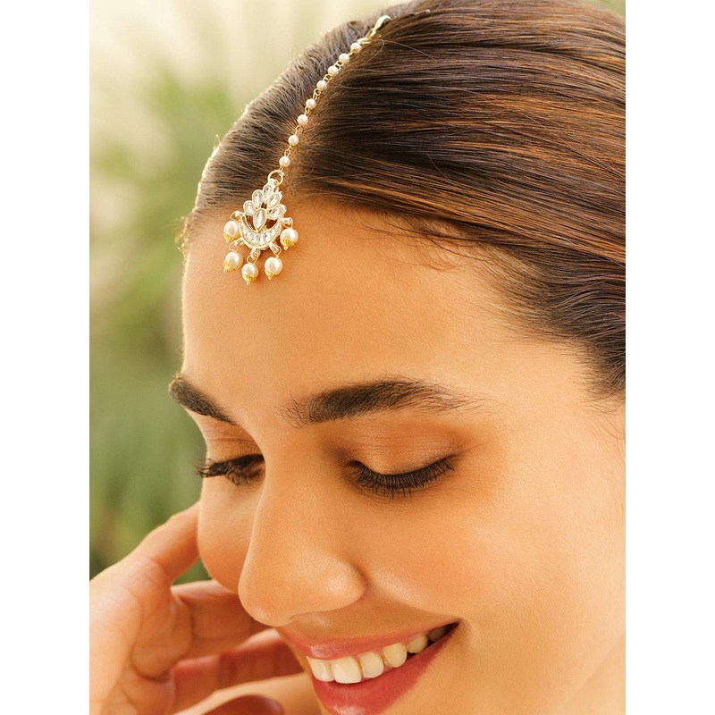Rubans Off-White 24K Gold-Plated Kundan Studded & Beaded Handcrafted Maang Tikka