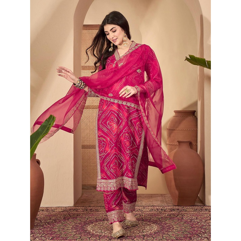 Sangria Bandhani Printed V-Neck Zari Straight Kurta With Trousers & Dupatta