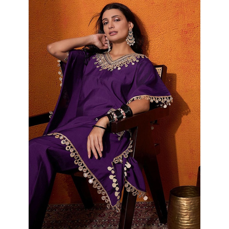 Sangria Ethnic Motifs Yoke Design Embroidered Kaftan Kurta & Trousers