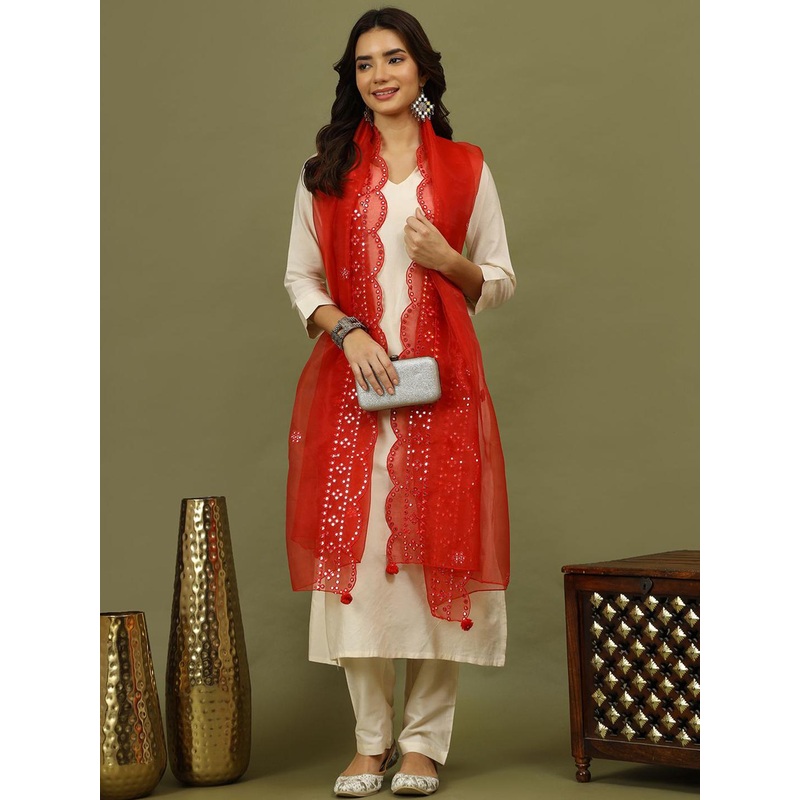 Sangria Geometric Embroidered Mirror Work Organza Dupatta