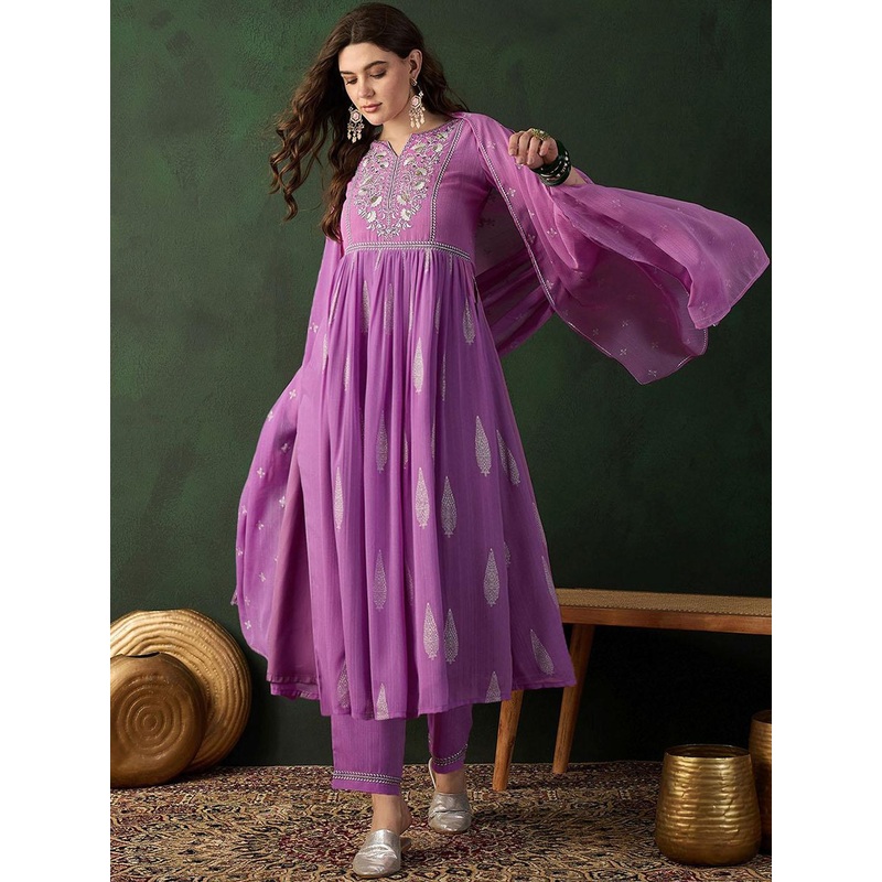 Sangria Lavender Printed Notch Neck Georgette A-Line Kurta With Trouser & Dupatta Set