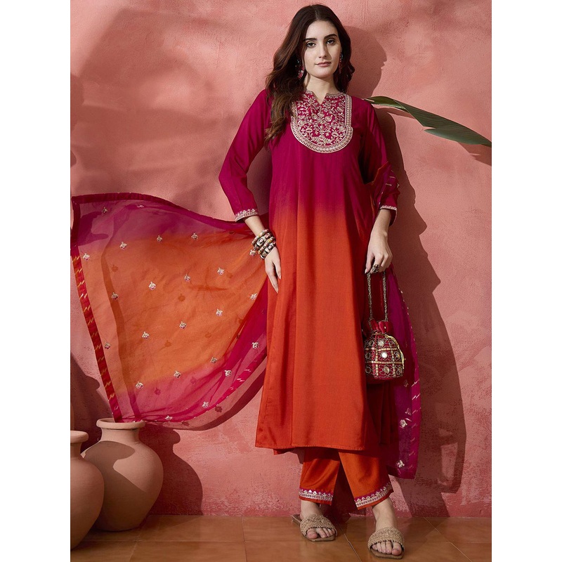 Sangria Pink Floral Embroidered Mandarin Collar A-Line Kurta With Trousers & Dupatta