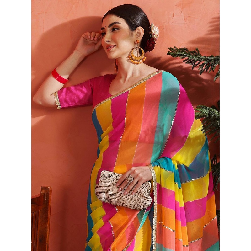 Sangria Striped Embellished Pure Georgette Saree With Unstitched  Blouse