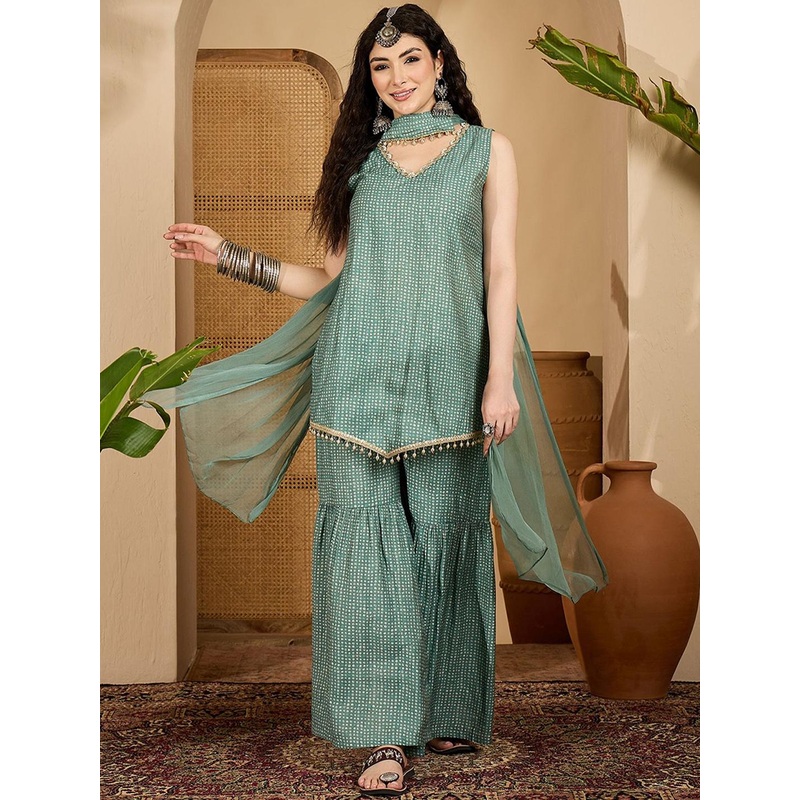 Sangria Women BandheJ Printed Asymmetric Short Kurti With Sharara & Dupatta