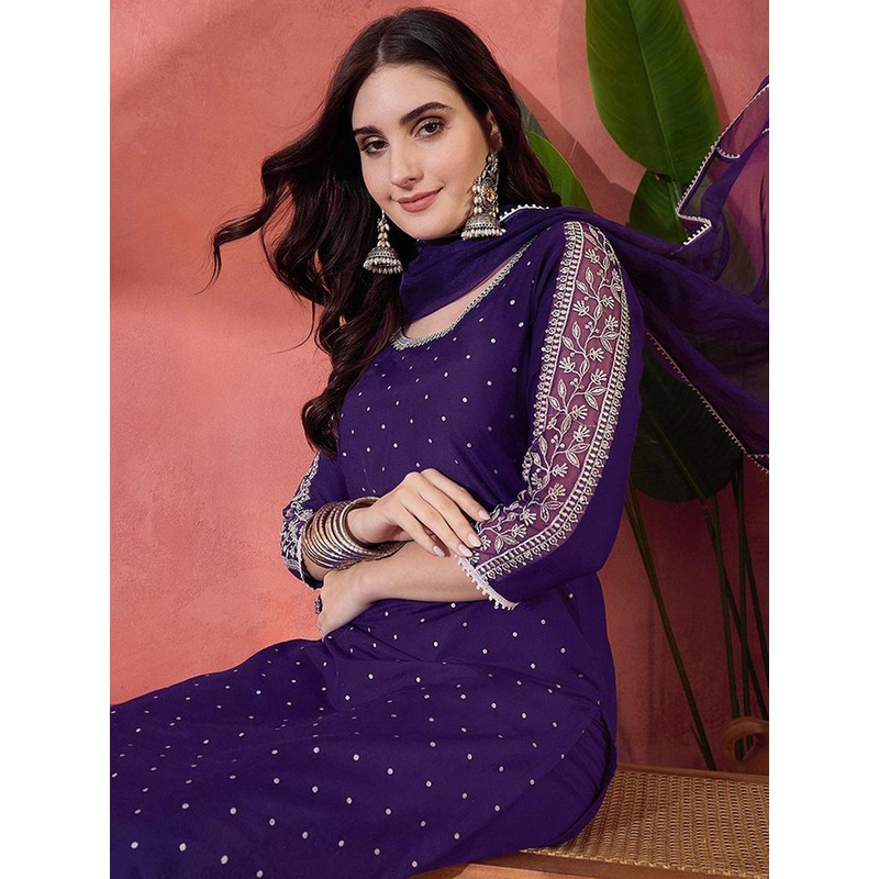 Sangria Zari Sequence Embroidered Straight Kurta & Trousers With Dupatta