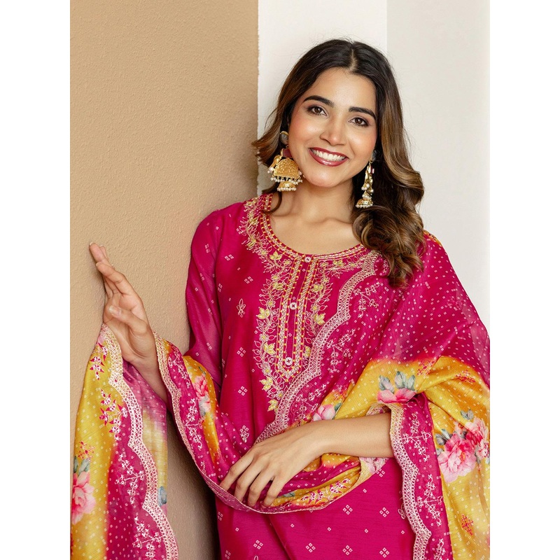 SANISA Women Pink Silk Blend Embroidered Kurta & Trousers With Dupatta